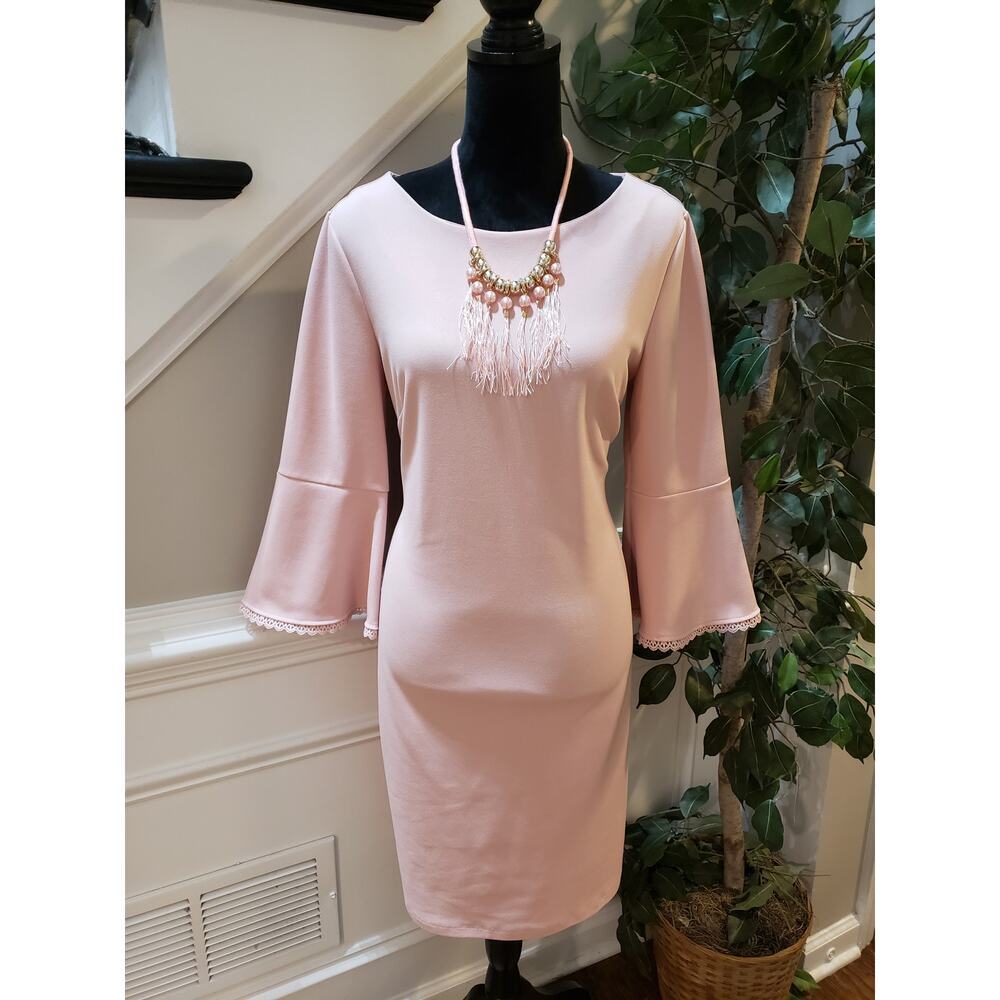 Phase Seven Sheath Dress Women's Size 10 Pink Bell Sleeve Round Neck Back Zip